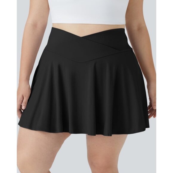 Halara SoftlyZero Flare Tennis Skirt Sz 2XL Black Crossover 2-in-1 Side Pocket C - Picture 9 of 16